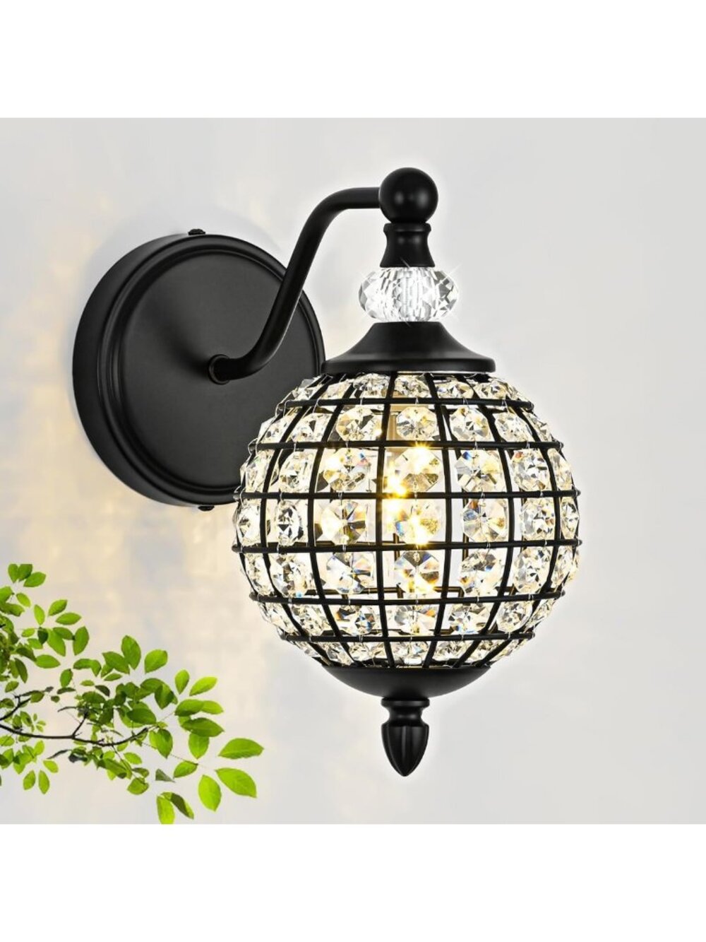 Black Crystal Globe Wall Sconce - 1-Light Matte Finish Vintage Lighting for Home